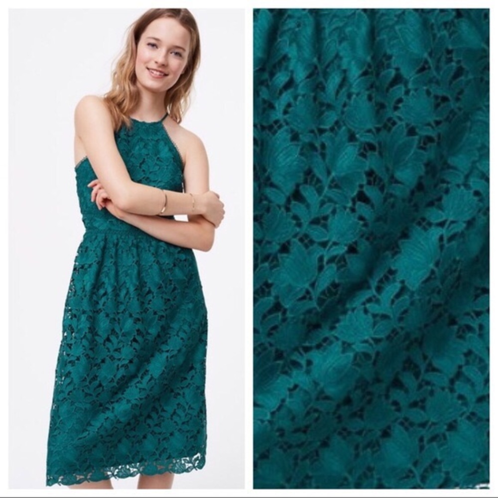 Loft midi embroidered emerald green dress!
